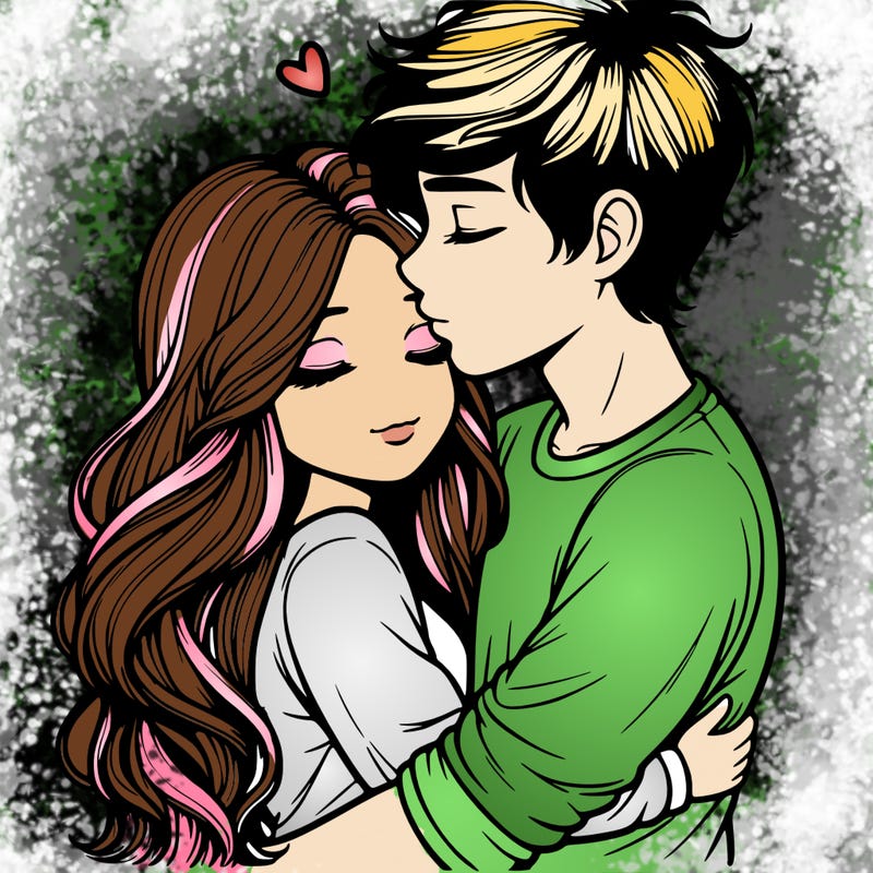 a realistic couple boy and girl hugging and kissing