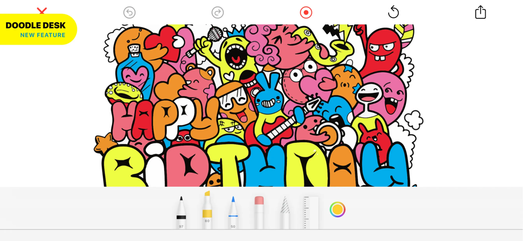 Drawing ▫ - Interface de desenho digital mostrando um doodle colorido de Feliz Aniversário com personagens de desenho animado e ferramentas de arte