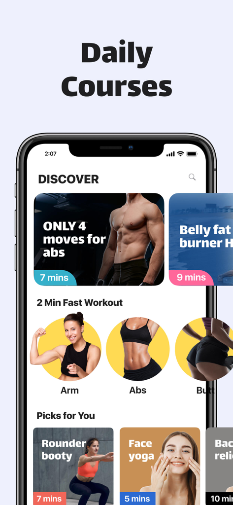 Lose Weight at Home app interface displaying daily fitness courses and short workout routines for different body parts