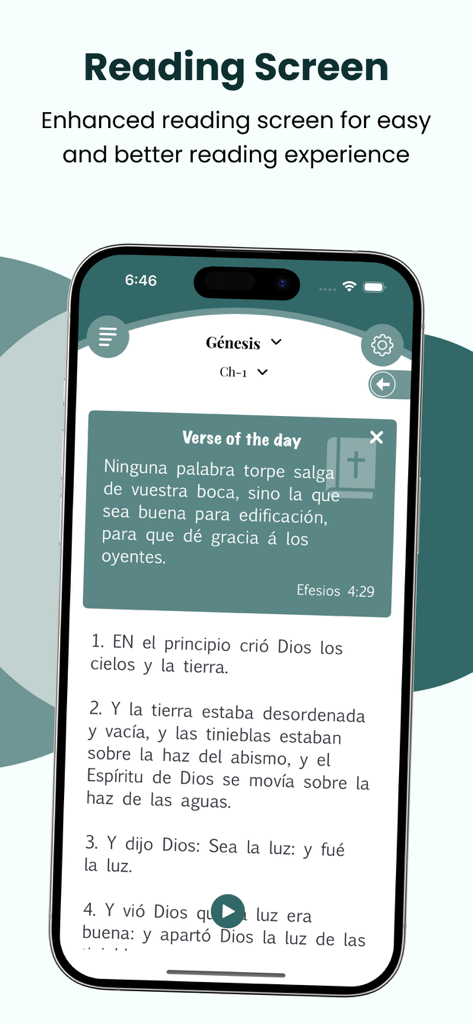 La Biblia del Oso 1569 + Audio - A smartphone displaying the Bible reading interface of the La Biblia del Oso app with Spanish text and a daily verse card.