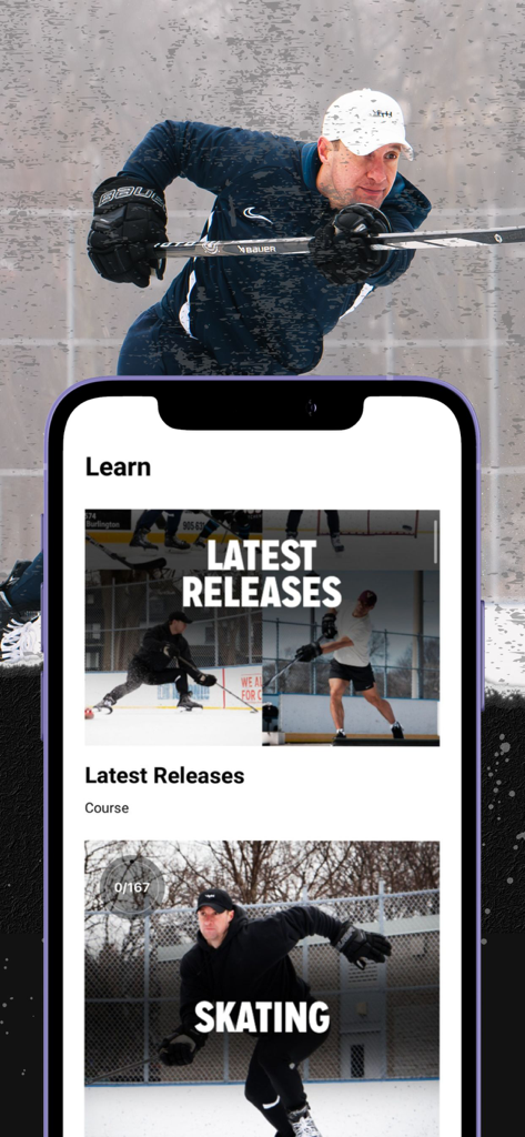 iTrain Hockey plus mobile app interface showing skating tutorials and latest video training releases.