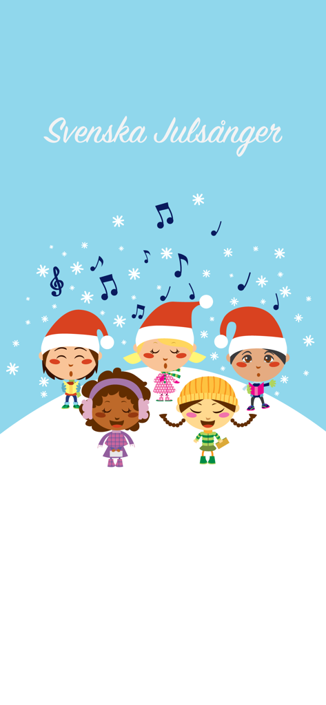 Svenska Julsånger - Fünf Kinder in Wintermützen singen Weihnachtslieder auf einem verschneiten Hügel mit Musiknoten und dem Text Svenska Julsånger