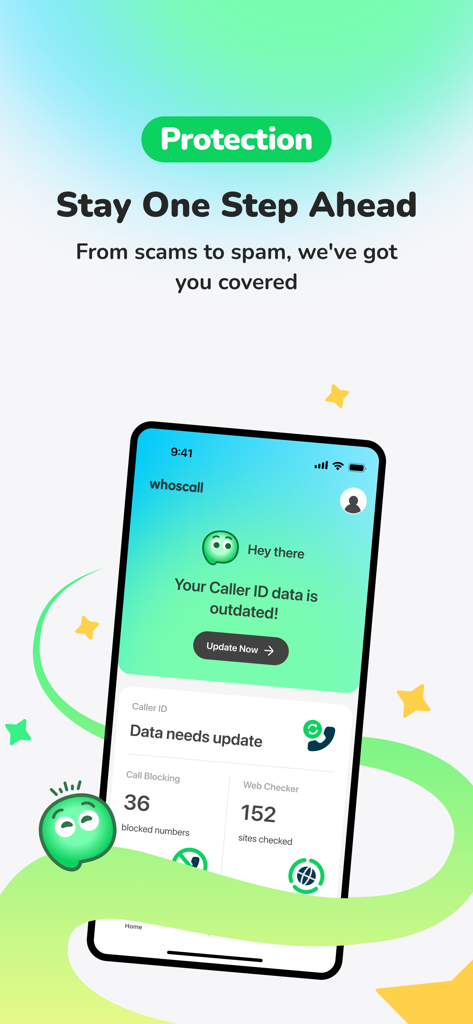 Whoscall app interface showing caller ID status and protection statistics