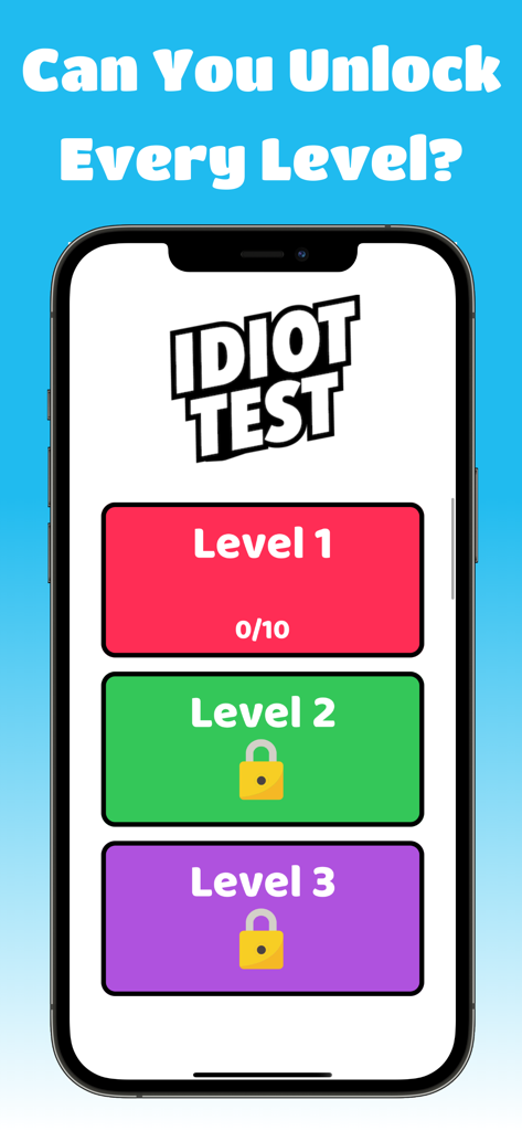 Level selection screen in the Idiot Test quiz game showing locked and unlocked stages.