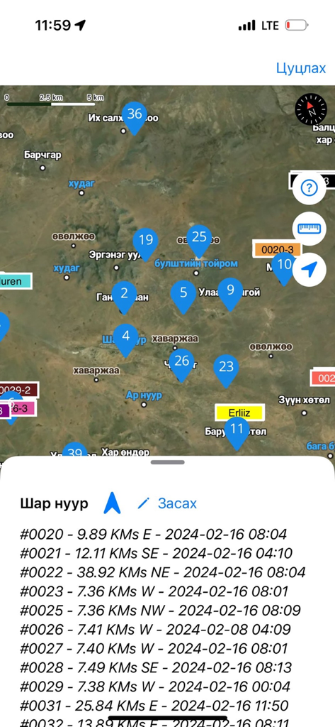 Jockey APP - Satellite map view in the Jockey APP showing multiple numbered location pins and a list of tracked assets with distances and timestamps.
