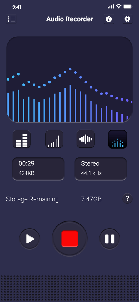 Voice recorder & editor Pro - Interface of Voice recorder and editor Pro showing a recording in progress with a blue audio visualizer and stereo settings.