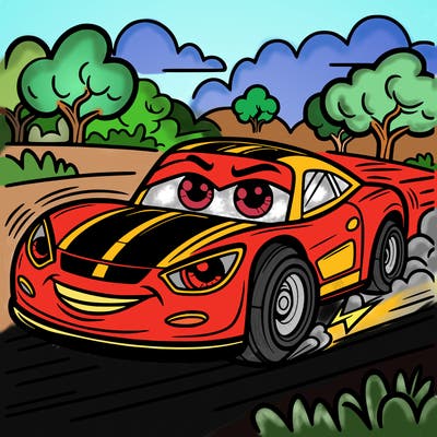 big print fast car with the eyes on and speeding on road in the field with trees