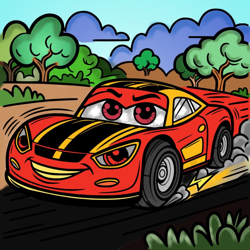 big print fast car with the eyes on and speeding on road in the field with trees