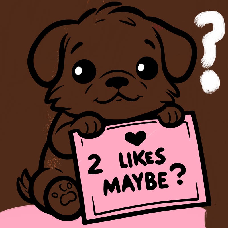 a puppy holding a sign that says 2 likes maybe?