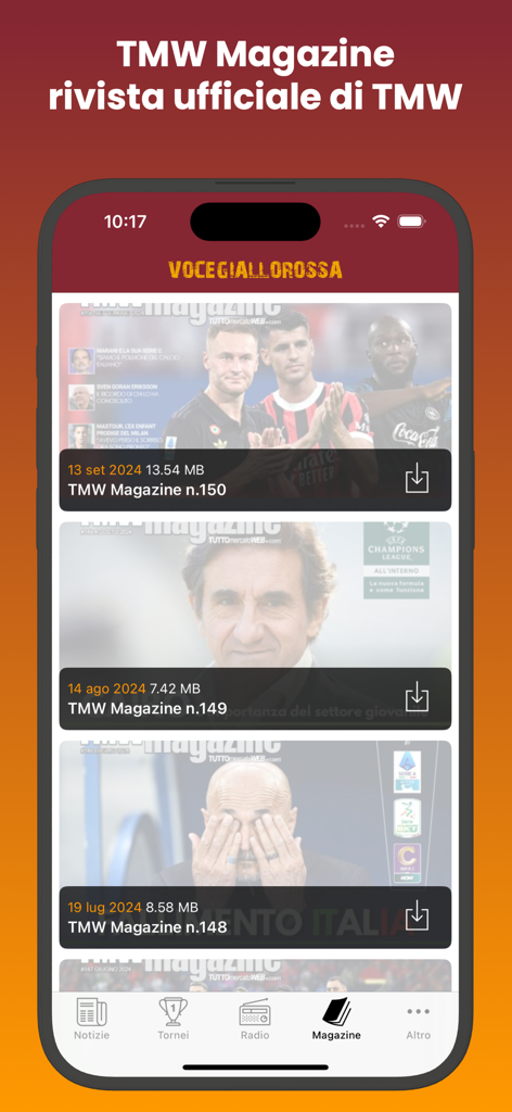 Voce Giallorossa app interface showing downloadable digital issues of TMW Magazine for AS Roma fans.