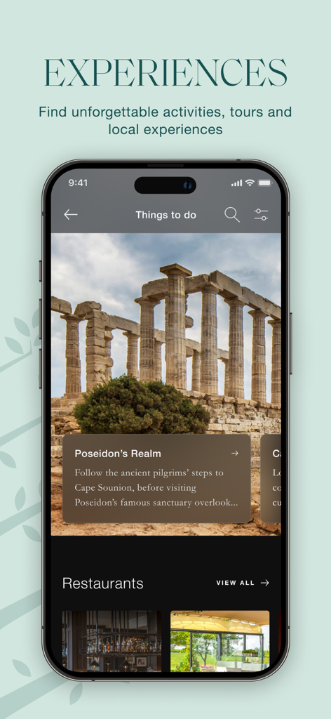 Four Seasons - Tela do aplicativo Four Seasons mostrando experiências e atividades de viagens locais