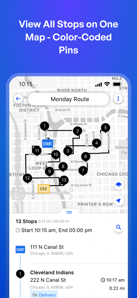 Upper app interface showing a multi-stop delivery route with color-coded pins on a map