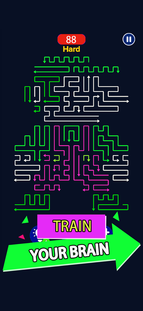 Arrows Puzzle: Escape Out! - Uma grade de nível lógico difícil e complexa no jogo Arrows Puzzle, apresentando caminhos coloridos e texto de treinamento cerebral