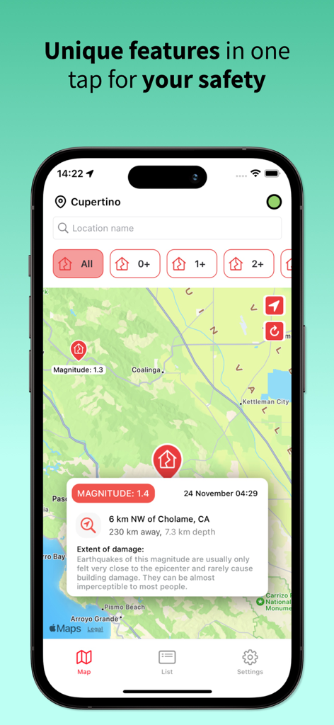 Earthquake Hub - Application Earthquake Hub montrant des données sismiques en temps réel et la localisation des séismes sur une carte en Californie.