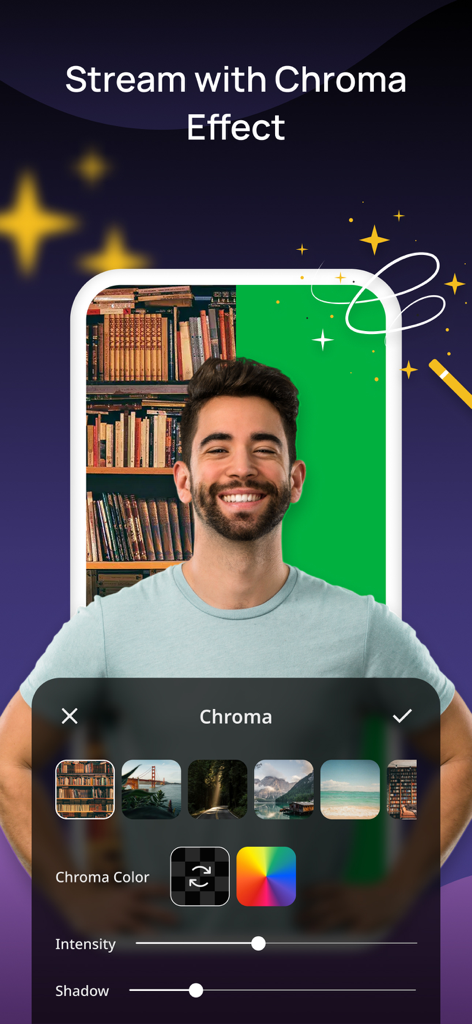ViuLive: Multicam Live Stream - Un hombre usando el efecto croma de ViuLive para reemplazar una pantalla verde con un fondo de biblioteca virtual durante una transmisión en vivo.
