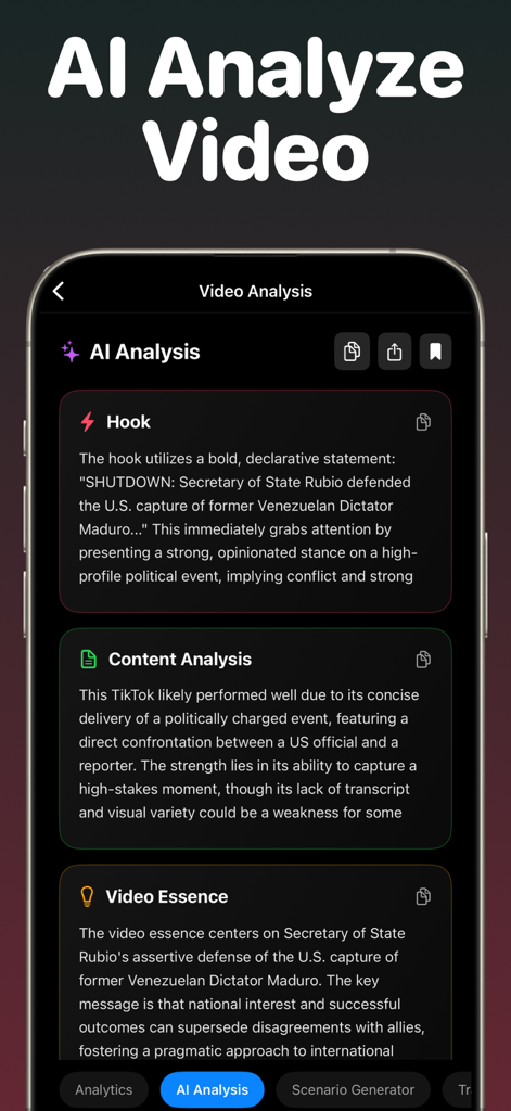 Trendsee: Go Viral - Trendsee app interface showing an AI analysis of a video with sections for Hook, Content Analysis, and Video Essence.
