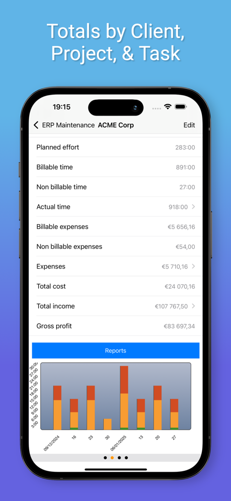 Cube Time & Expenses Pro - Cube Time and Expenses Pro app screenshot showing project totals for billable time, expenses, total income, and gross profit with a bar chart