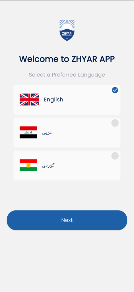 ZHYAR - ZHYAR app language selection screen showing options for English Arabic and Kurdish