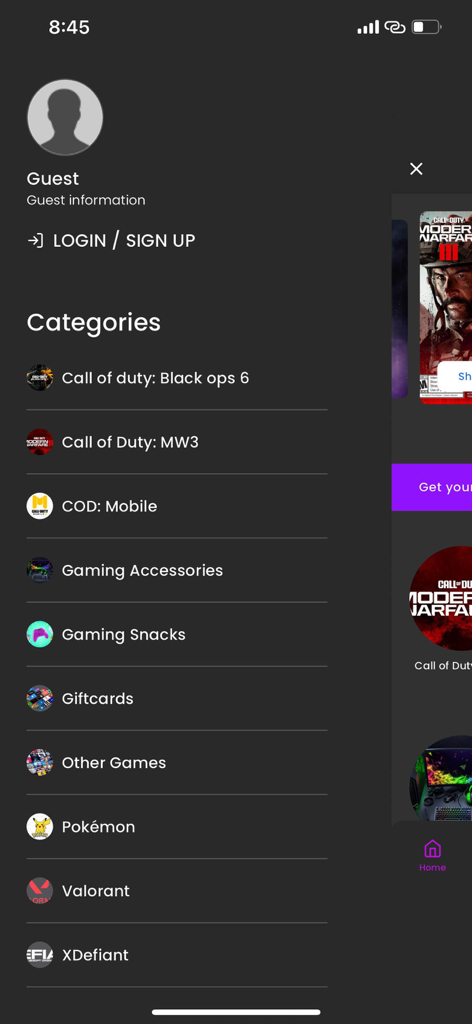 Online Gaming Marketplace - App menu showing gaming categories like Call of Duty Valorant and Pokemon in the Online Gaming Marketplace