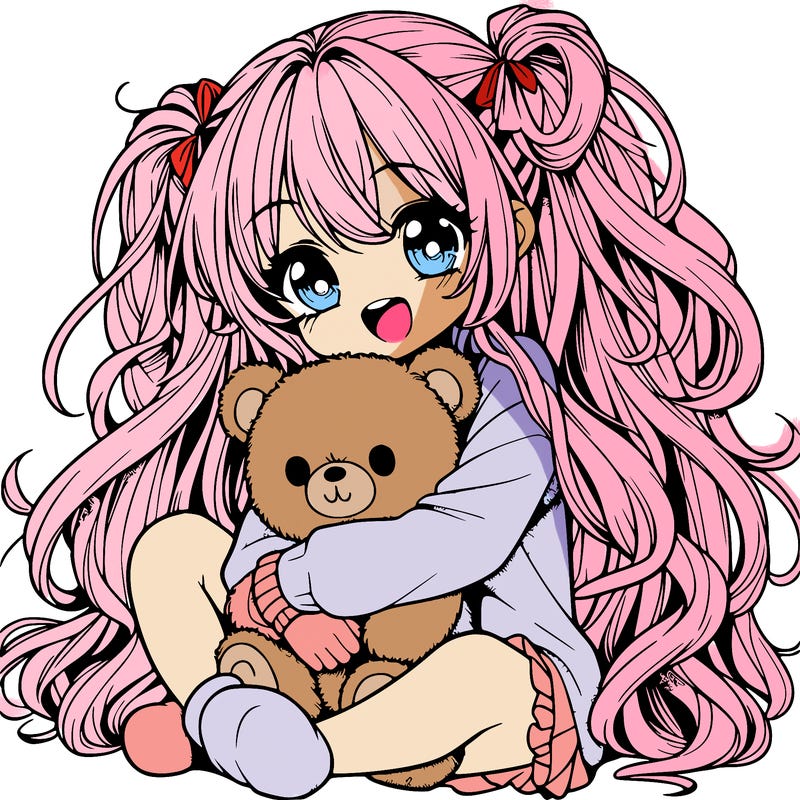 manga girl, long curly hair, happy, cuddling a teddy bear
