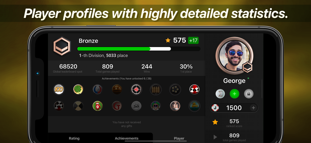 Joker online - Una pantalla de perfil de jugador detallada en la aplicación Joker online que muestra estadísticas, clasificaciones y logros desbloqueados.