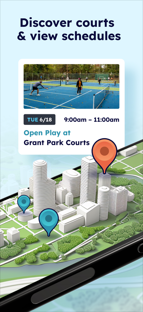 Interfaccia dell'app Pickleheads che mostra come scoprire campi da pickleball e visualizzare gli orari delle partite su una mappa 3D