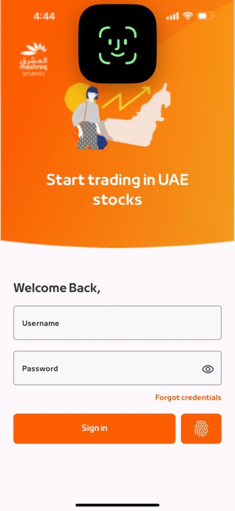 Mashreq Trade UAE - Login screen of Mashreq Trade UAE app for stock trading