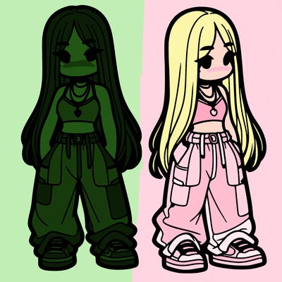 girl in baggy pants crop top and long hair