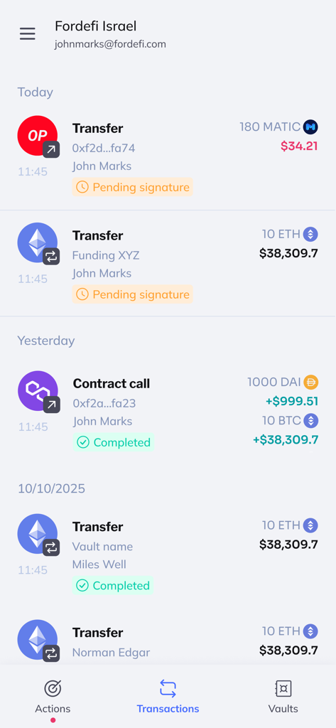 Fordefi mobile app transaction history screen showing institutional DeFi transfer status and pending signatures