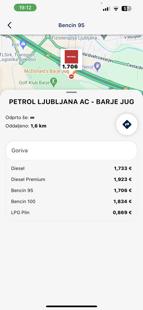 AMZS, prometne informacije - AMZS app showing gas station location and current fuel prices in Slovenia.