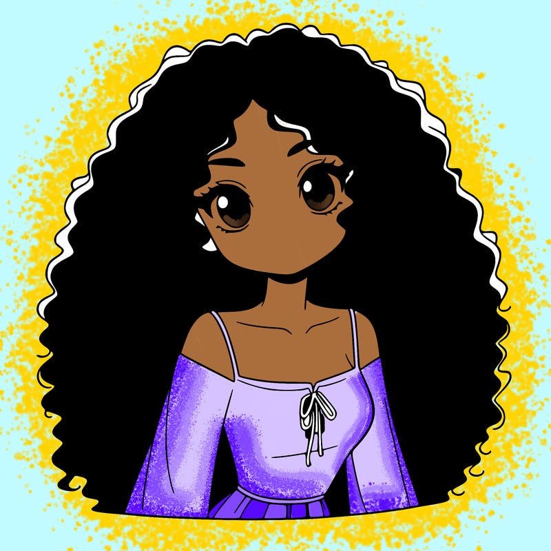 a black anime girl with long afro hair
