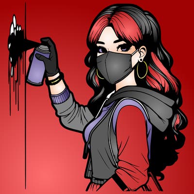 realistic girl with mask spray painting a wall