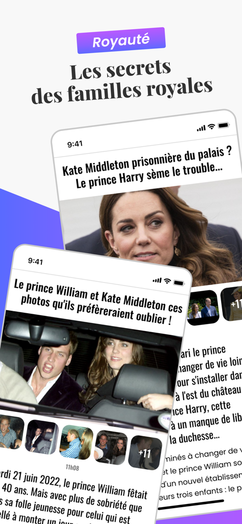 Purepeople © - Purepeople App-Oberfläche, die Nachrichten und Fotos der britischen Königsfamilie anzeigt
