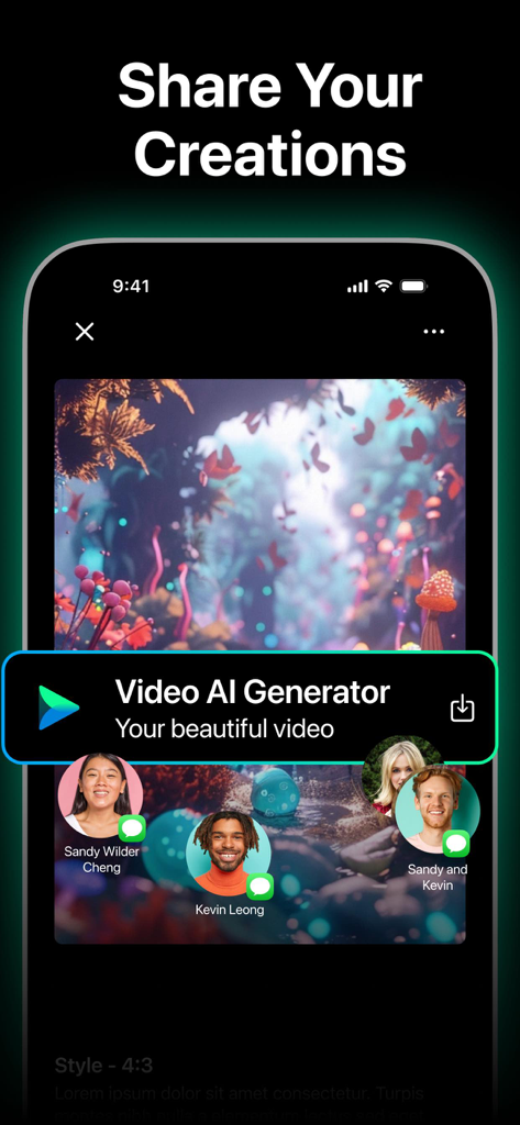 Mobile app interface showing options to share an AI generated video with contacts