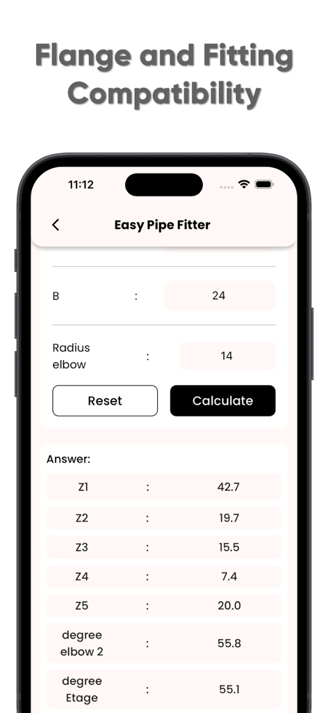 Easy Pipe Fitter - Easy Pipe Fitter app screen showing flange and fitting compatibility calculations for radius elbows.