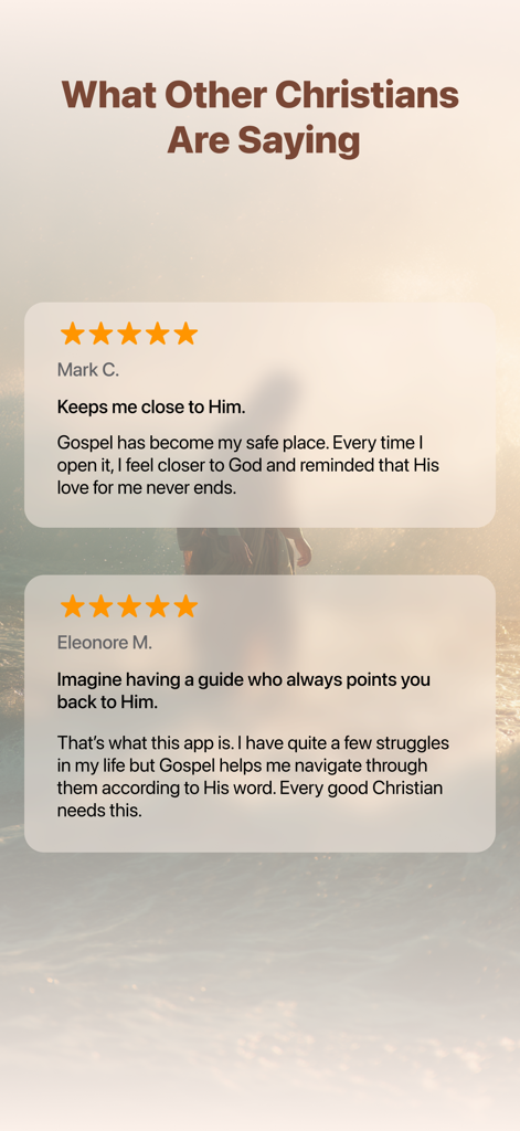 Testimonios de usuarios y calificaciones de cinco estrellas para la aplicación bíblica Evangelio de la comunidad cristiana