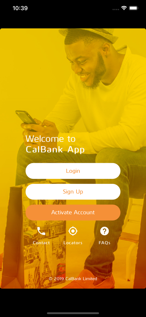 CalBank App - CalBank App welcome screen with buttons for login, sign up, and account activation featuring a man using a smartphone.