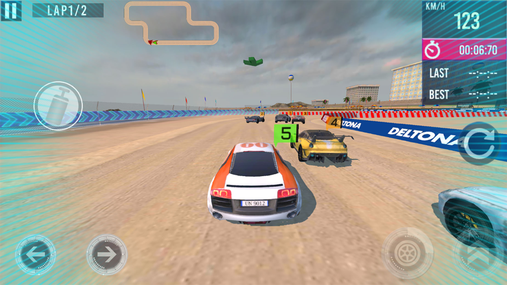 Daytona Beach Racing - Un coche deportivo blanco compitiendo contra rivales en una pista de arena en el juego Daytona Beach Racing.