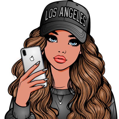 realistic beautiful girl wearing los ángeles cap holding an iphone