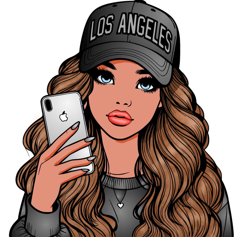 realistic beautiful girl wearing los ángeles cap holding an iphone