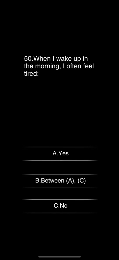 아침 피로에 대한 객관식 질문을 보여주는 성격 테스트 앱 화면