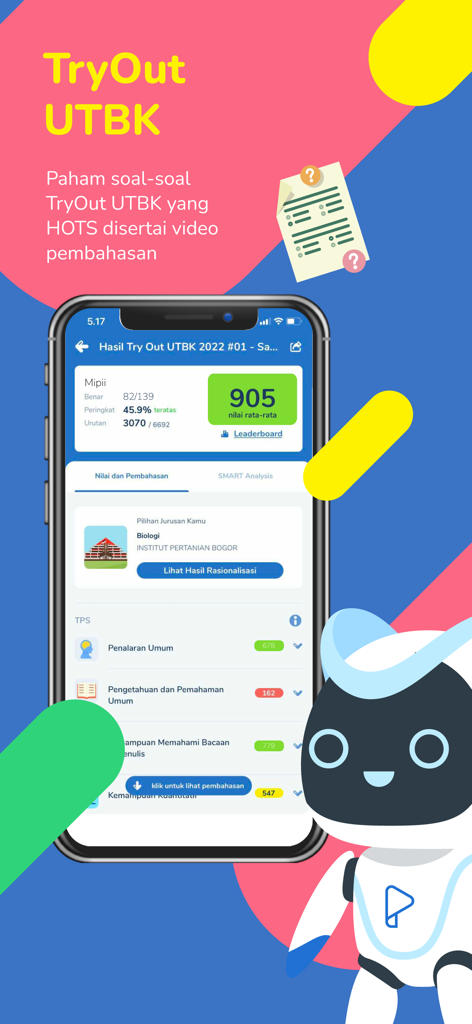 Mobile app screen showing Pahamify UTBK practice test results with scores and subject analysis.