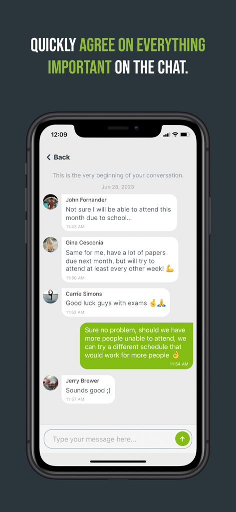 A screenshot of the Teamheadz mobile app showing a team chat for coordinating sports schedules.