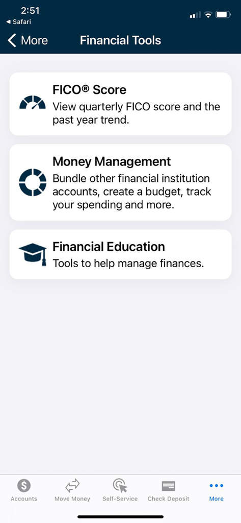 Affinity Federal Credit Union - Affinity Federal Credit Union app screen showing Financial Tools including FICO Score tracking and Money Management features.