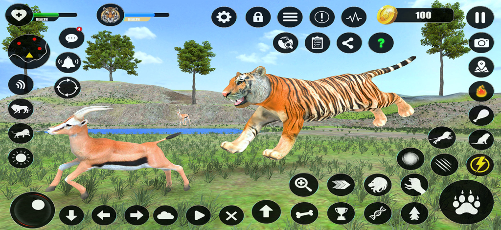 Un tigre saltando para cazar una gacela en el juego de animales Wild Tiger Sim.