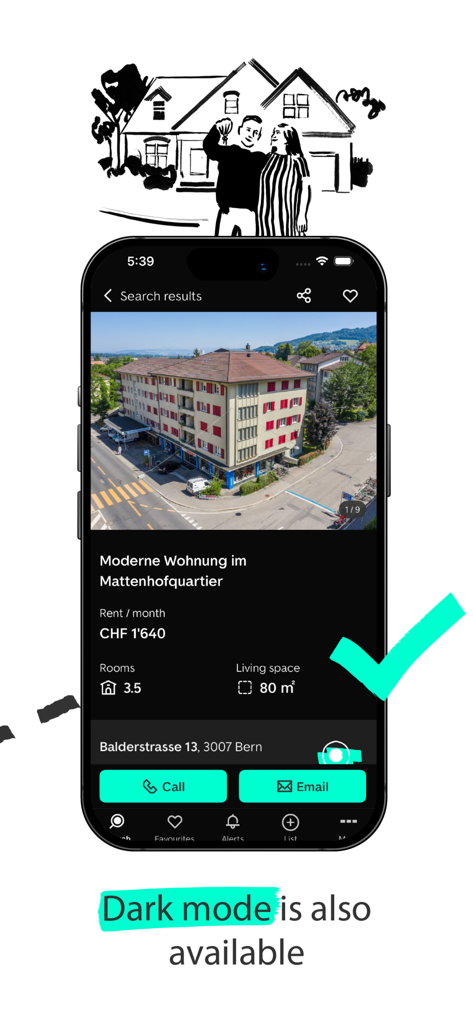 Smartphone screen showing a property listing in dark mode for the ImmoScout24 Switzerland app