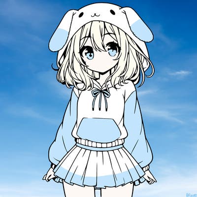 pretty anime girl wearing a fluffy hoodie with bunny ears on the hood and a skirt