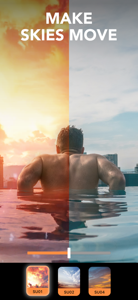 A split-screen view showing the Motionleap app's sky replacement feature on a photo of a man in a rooftop pool