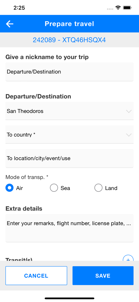 ATA Carnet mobile app screen for preparing travel showing trip destination and transportation mode options