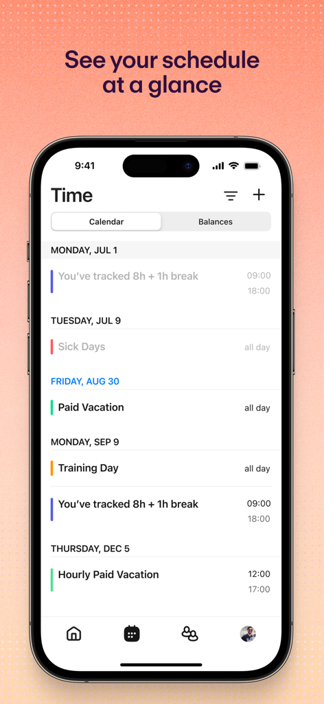 Personio mobile app interface showing an employee work schedule and time tracking calendar entries